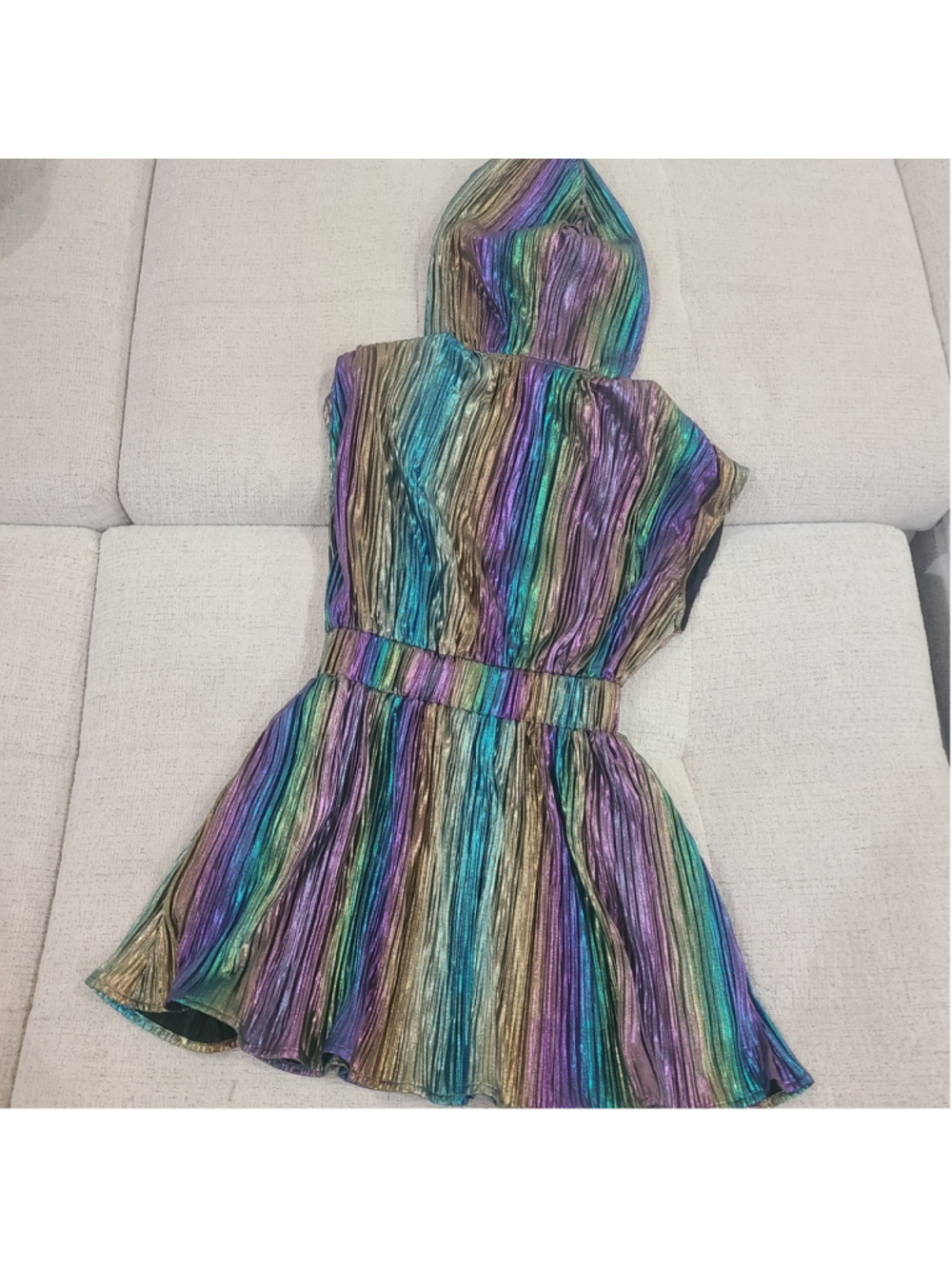 NEW Queen of Sparkles Girls Iridescent Metallic Rainbow Hooded Dress Size L - Picture 3 of 10